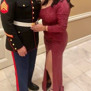 Burgundy, sparkly off shoulder dress